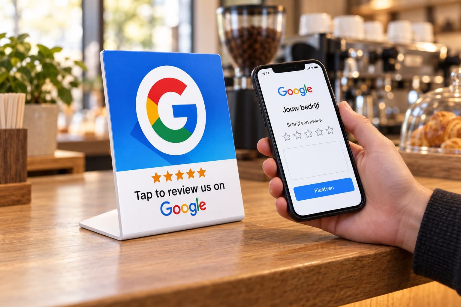 NFC-display op de houten toonbank van een koffiebar; een klant houdt er een telefoon tegen en ziet het Google-reviewformulier