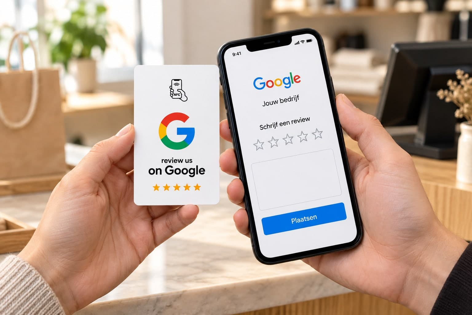 Twee handen: de ene houdt de NFC-reviewkaart vast, de andere een telefoon met het Google-reviewformulier